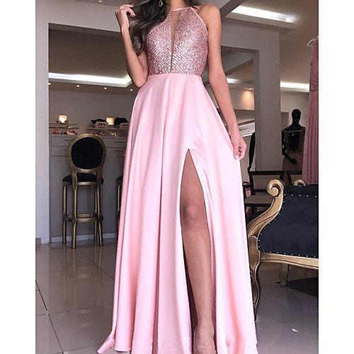 

A-Line Glittering Sexy Wedding Guest Prom Dress Halter Neck Sleeveless Floor Length Charmeuse with Sequin Split 2021