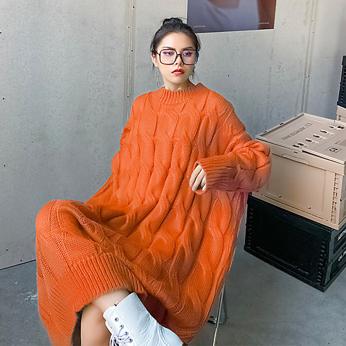 

Women's Sweater Jumper Dress Midi Dress Black Blushing Pink Orange Light Green Long Sleeve Solid Color Jacquard Fall Winter Round Neck Casual Going out Cotton Loose 2021 One-Size