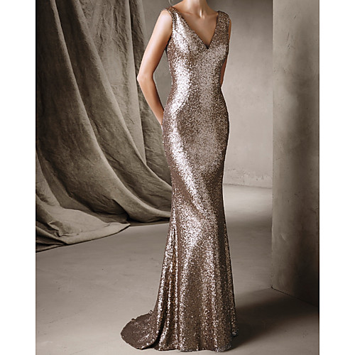 

Mermaid / Trumpet Sparkle Sexy Wedding Guest Formal Evening Dress V Neck Sleeveless Sweep / Brush Train Sequined with Sequin 2021