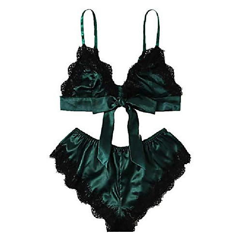 

women& #39;s 2 piece lace strap bralette bra and panty satin lingerie set dark green m