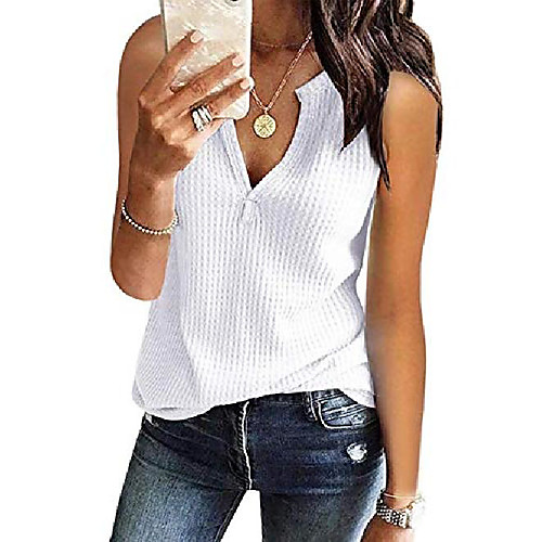 

women's waffle knit sleeveless shirt loose v neck thermal tops and bloue white large