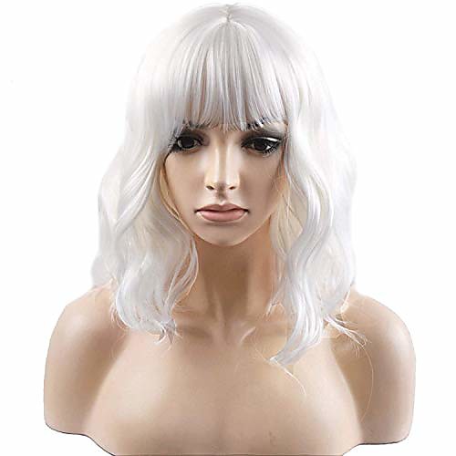 

14'' short curly women girl's charming synthetic wig with air bangs wig cap included (white)