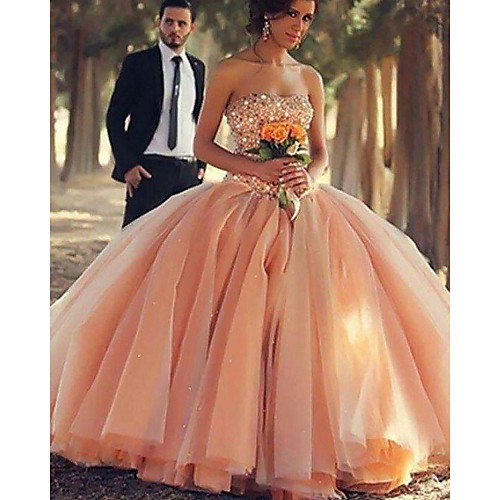 

Ball Gown Luxurious Elegant Quinceanera Prom Dress Strapless Sleeveless Floor Length Satin with Pleats Tier 2021