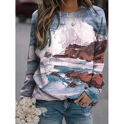 

Women's T shirt Scenery Abstract Tie Dye Long Sleeve Patchwork Print Round Neck Tops Chinoiserie Basic Top White Blue Light Brown