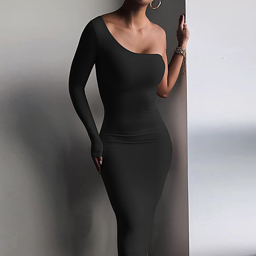 

Women's Sheath Dress Midi Dress Black Long Sleeve Solid Color Summer One Shoulder Sexy 2021 S M L