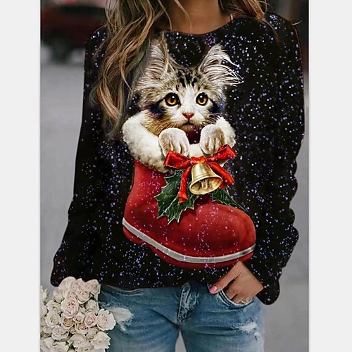 

Women's Pullover Sweatshirt Cat Graphic Christmas Casual Christmas Hoodies Sweatshirts Black Purple Red