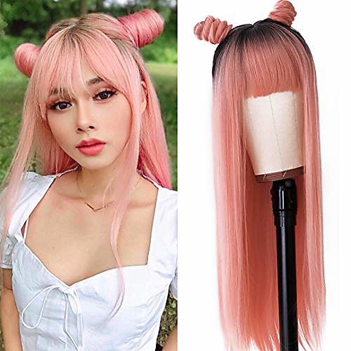 

friya wigs with bangs pink straight wig for women synthetic fiber hair dark root ombre lovely pink glueless no lace silk wig 24 long