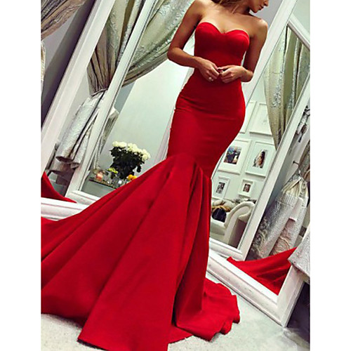 

Mermaid / Trumpet Minimalist Sexy Wedding Guest Formal Evening Valentine's Day Dress Strapless Sleeveless Court Train Satin with Pleats 2021