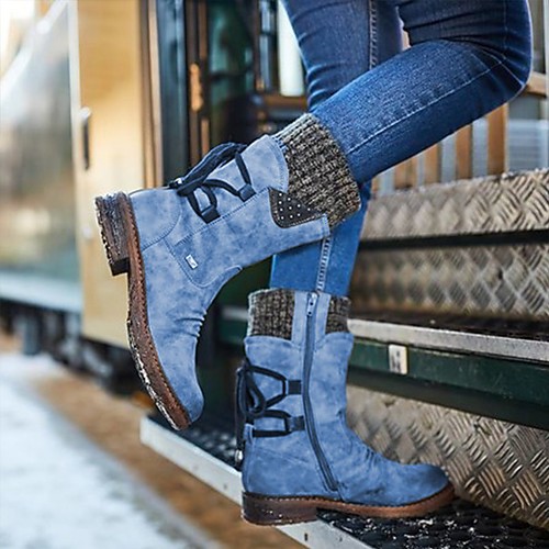 

Women's Boots Snow Boots Block Heel Round Toe Mid Calf Boots Vintage Sexy Classic Outdoor Office & Career Cycling Shoes Walking Shoes Suede PU Lace-up Flower Plaid Black Purple Burgundy