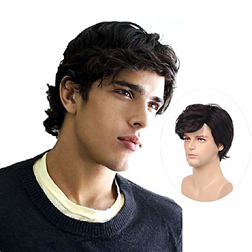 

mens black layered wig for men short fluffy curly synthetic halloween cosplay costume hair full wigs