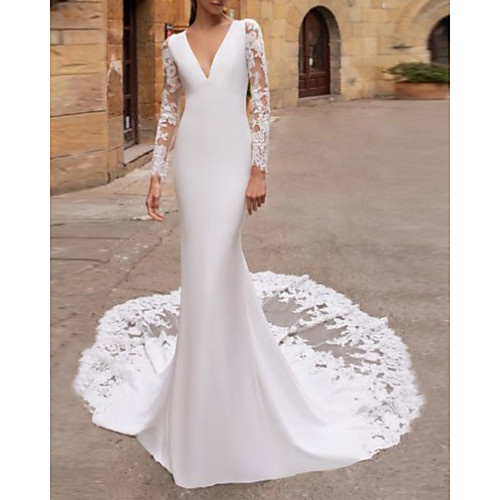 

Mermaid / Trumpet Wedding Dresses V Neck Court Train Lace Stretch Satin Long Sleeve Illusion Sleeve with Embroidery 2021