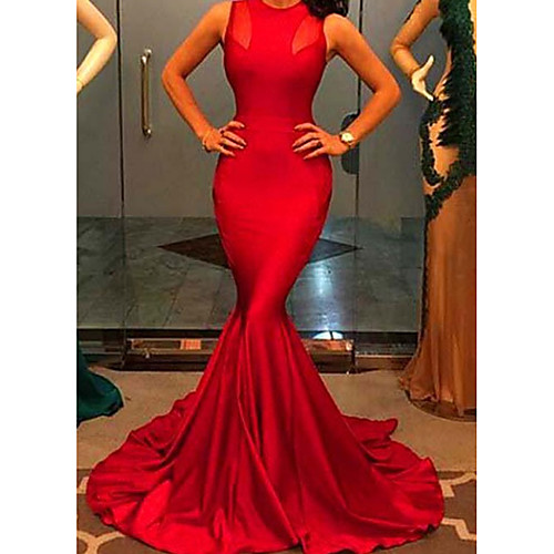 

Mermaid / Trumpet Minimalist Elegant Wedding Guest Formal Evening Dress Jewel Neck Sleeveless Court Train Spandex with Pleats 2021