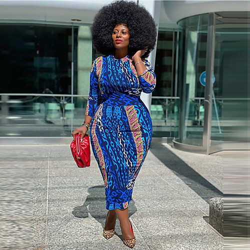 

Women's Sheath Dress Midi Dress Blue 3/4 Length Sleeve Print Patchwork Print Summer Round Neck Elegant Sexy 2021 XL XXL 3XL 4XL 5XL / Plus Size