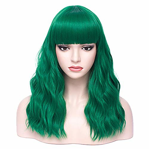 

18 womens length curly wavy wig with bangs synthetic party halloween wigs wig cap included (dark green)