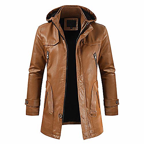 

men's classic stand-up collar detachable hooded zip-up pu jacket belted moto coat
