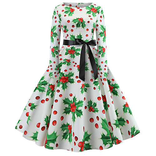 

Women's A Line Dress Knee Length Dress Green Long Sleeve Print Ruched Lace up Bow Fall Winter Round Neck Casual Christmas 2021 S M L XL XXL