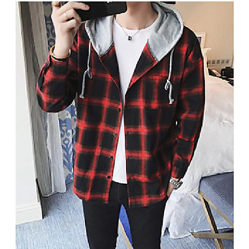 

fashion hooded loose fit plaid long sleeve button down flannel shirts red us 3xl