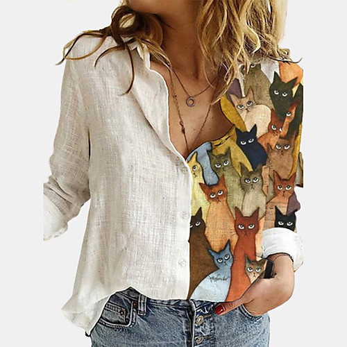 

Women's Blouse Shirt Cat Long Sleeve Print Shirt Collar Tops Basic Basic Top White