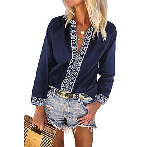 

womens casual v neck shirts boho embroidered long sleeve tops loose blouse