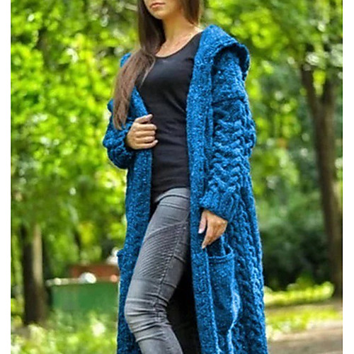 

Women's Knitted Solid Color Cardigan Acrylic Fibers Long Sleeve Sweater Cardigans Hooded Fall Winter Black Blue Yellow