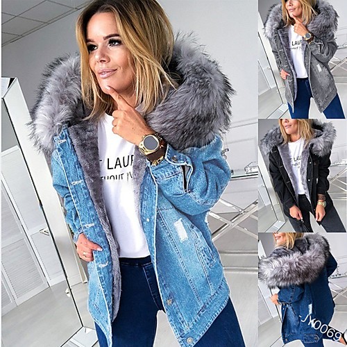 

Women's Solid Colored Fur Trim Active Fall & Winter Denim Jacket Regular Going out Long Sleeve Denim Coat Tops Black