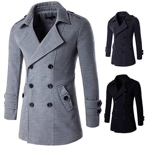 

men's mid long blend pea coat double breasted stand collar overcoat trench coat grey