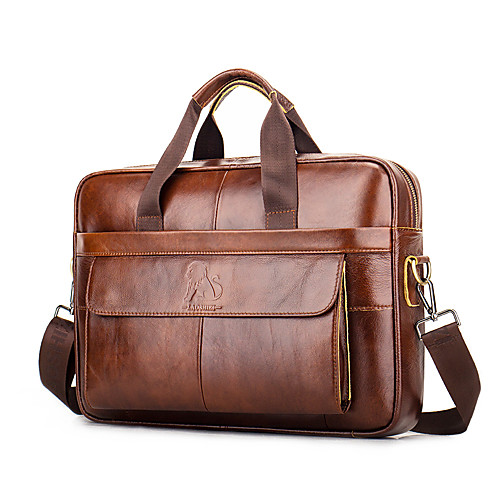 

Men's Bags Cowhide Shoulder Messenger Bag Laptop Bag Briefcase Zipper Plain Daily Outdoor Handbags Brown