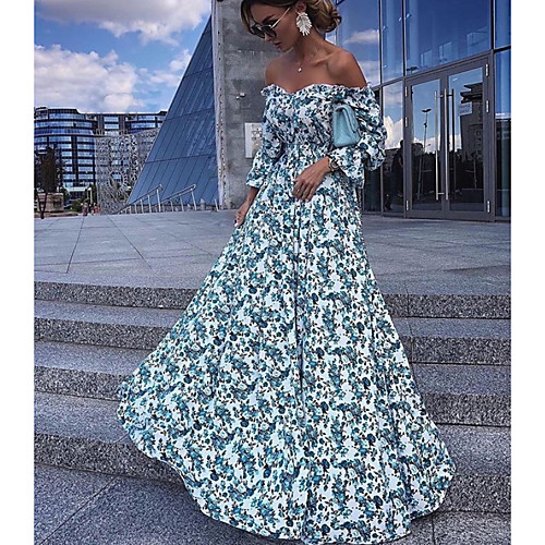 

Women's Swing Dress Maxi long Dress Light Blue Long Sleeve Floral Fall Off Shoulder Elegant Casual vacation dresses 2021 S M L XL