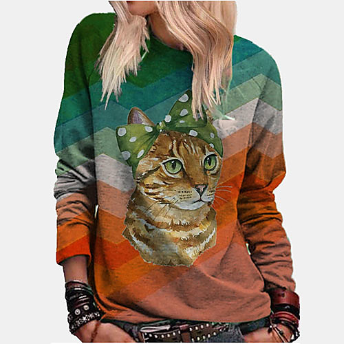

Women's Blouse Shirt Cat Animal Long Sleeve Round Neck Tops Basic Top Purple Red Yellow