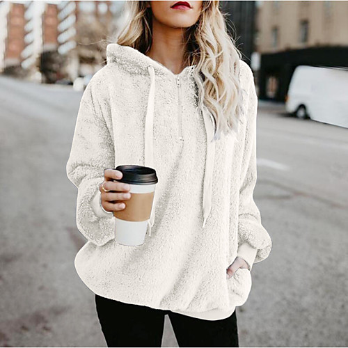 

Women's Solid Colored Fall & Winter Teddy Coat Long Going out Long Sleeve Lamb Fur Coat Tops White
