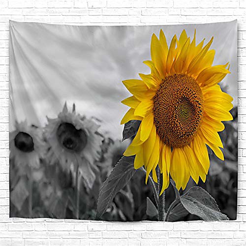

sunflower tapestry grey wall hanging, floral plant wall decor [double-folded hems] farmhouse countryside rustic wall decor for bedroom, dorm, college, living room, 60x82.7 grey