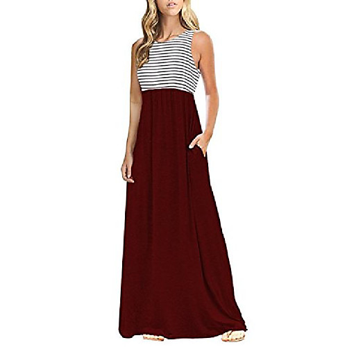 

women's casual striped sleeveless summer dress long maxi dresses with pockets (wine red, xl)