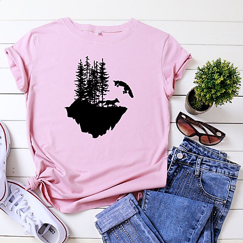 

Women's T shirt Graphic Scenery Text Print Round Neck Tops 100% Cotton Basic Basic Top White Black Yellow