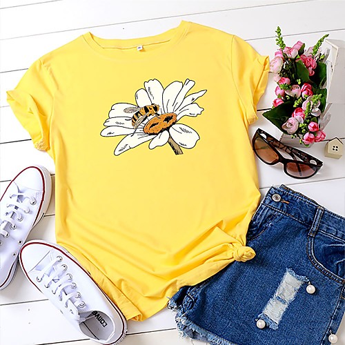 

Women's T shirt Floral Graphic Prints Print Round Neck Tops 100% Cotton Basic Basic Top White Black Yellow
