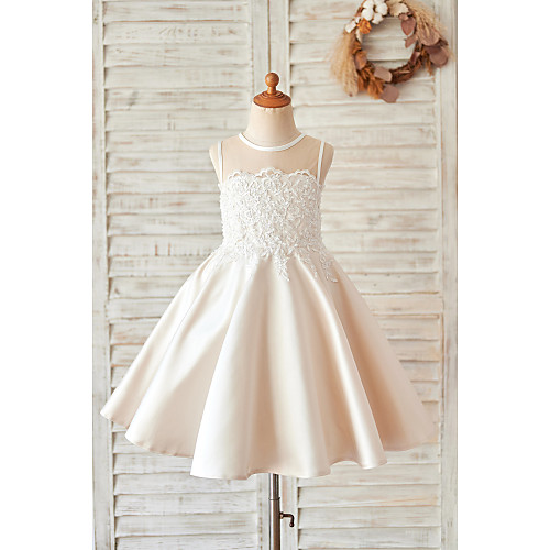 

Princess / Ball Gown Knee Length Wedding / Birthday Flower Girl Dresses - Lace / Satin Sleeveless Jewel Neck with Buttons / Appliques