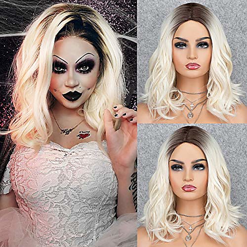 

platinum blonde bob wig for women short wavy ombre blonde wig with natural wave synthetic short wigs