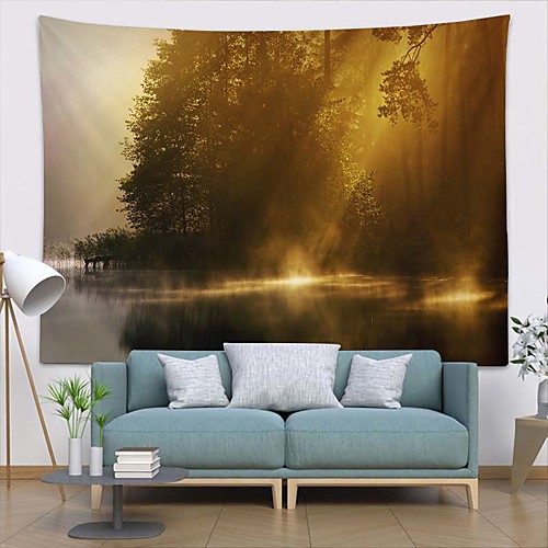 

Wall Tapestry Art Deco Blanket Curtain Picnic Table Cloth Hanging Home Bedroom Living Room Dormitory Decoration Polyester Fiber Landscape Forest Lake Morning Light