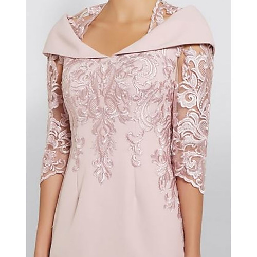 

Sheath / Column Mother of the Bride Dress Plus Size Elegant See Through Queen Anne Knee Length Polyester Half Sleeve with Sequin 2021