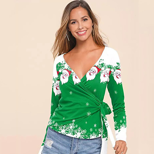 

Women's Christmas T shirt Graphic Prints Long Sleeve Print V Neck Tops Christmas Basic Top Black Red Wine