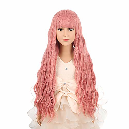 

child kid long wavy curly pink wig with bangs for cosplay halloween party costume synthetic rose net wig for girls (pink)
