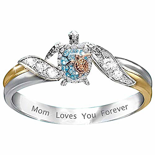 

turtle statement ring mom loves you forever, diamond microinlaid zircon female ring jewelry, health and longevity sea turtle birthstone ring, women girls mother day gift jewelry (ring size: 10)