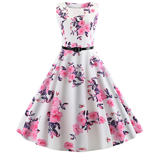 

Women's Swing Dress Knee Length Dress White Sleeveless Floral Print Fall Round Neck Elegant Vintage 2021 S M L XL XXL