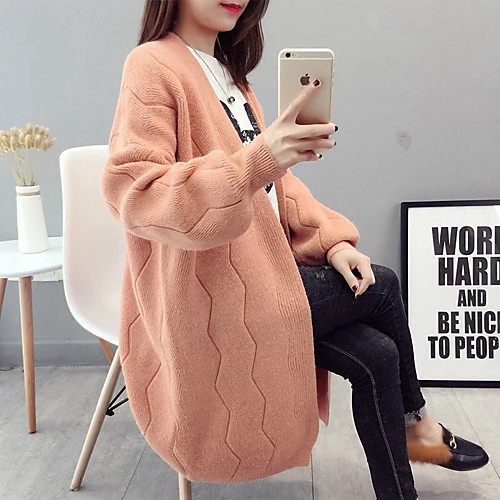 

Women's Knitted Solid Color Cardigan Long Sleeve Sweater Cardigans V Neck Fall Winter White Blue Blushing Pink
