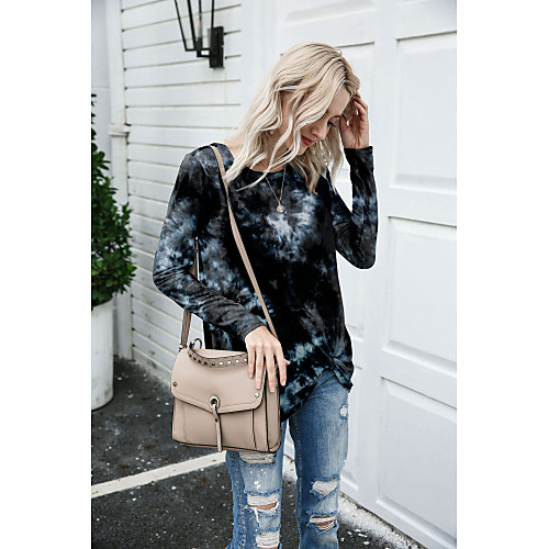 

Women's Tunic Color Gradient Tie Dye Long Sleeve Print Round Neck Tops Basic Top White Black Blue