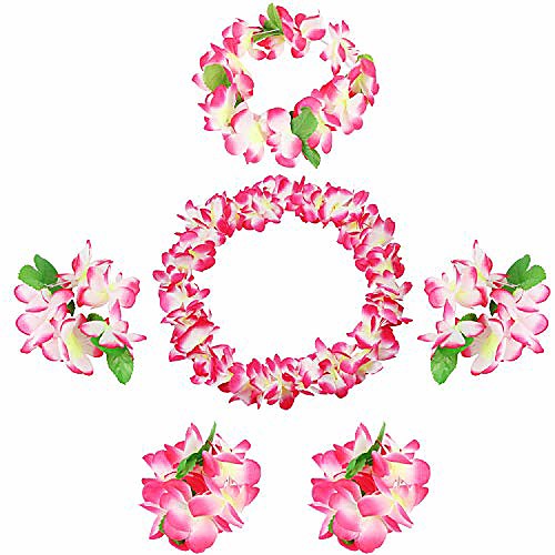 

hawaiian luau flower leis jumbo necklaces bracelets headband anklets set 6-7 pack