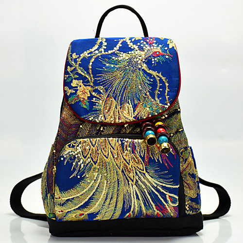 

Women's Canvas School Bag Mini Backpack Large Capacity Embroidery Embroidery Daily Outdoor Retro Backpack Wine Black Dark Blue