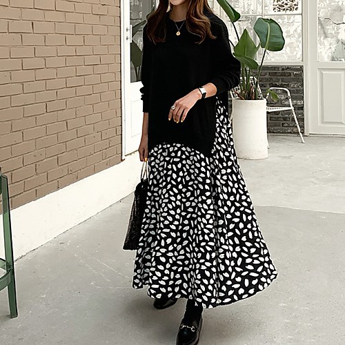 

Women's Shift Dress Maxi long Dress Black Blue Long Sleeve Animal Patchwork Fall Winter Round Neck Casual Cotton Oversized 2021 XL XXL 3XL 4XL 5XL / Plus Size