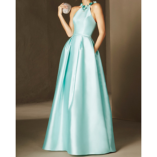 

A-Line Elegant Floral Engagement Formal Evening Dress Jewel Neck Sleeveless Floor Length Satin with Appliques 2021