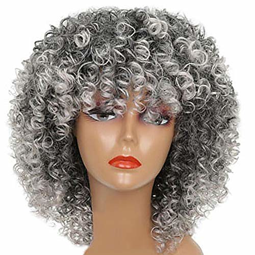 

afro grey short curly wig women heat resistant hair extension hairpiece natural hairline party fashion hairpiece heat resistant wig grey