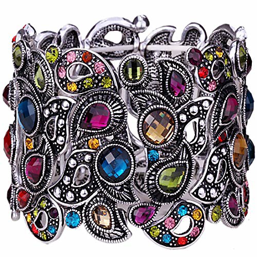 

women's flower stretch cuff bracelet fit wrist size 6-1/2 to 7-1/2 inch - comfortable elastic band & floral pattern crystal jewelry - lead & nickle free - halloween costume outfit